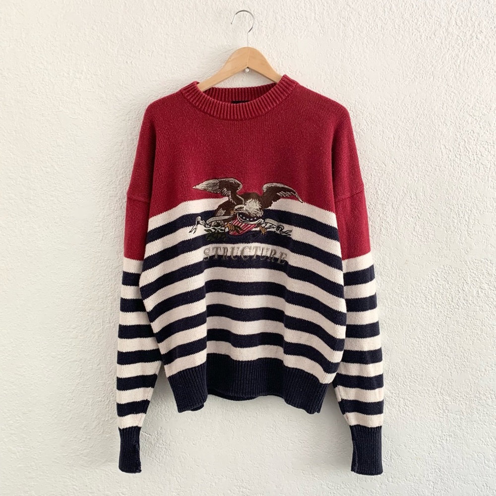 Vintage Structure Americana Patriotic Bald Eagle Olive Branch USA Flag Sweater